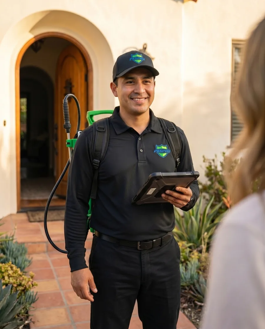 PesPro certified pest control technician at a Southern California home