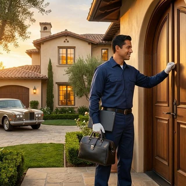 PesPro certified pest control technician arriving at a Southern California home at sunset