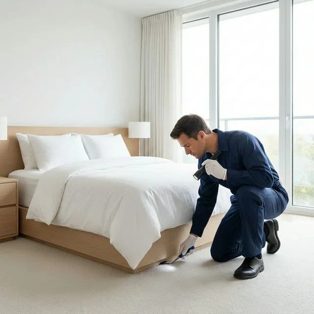 PesPro certified technician conducting a thorough pest inspection in a residential bedroom