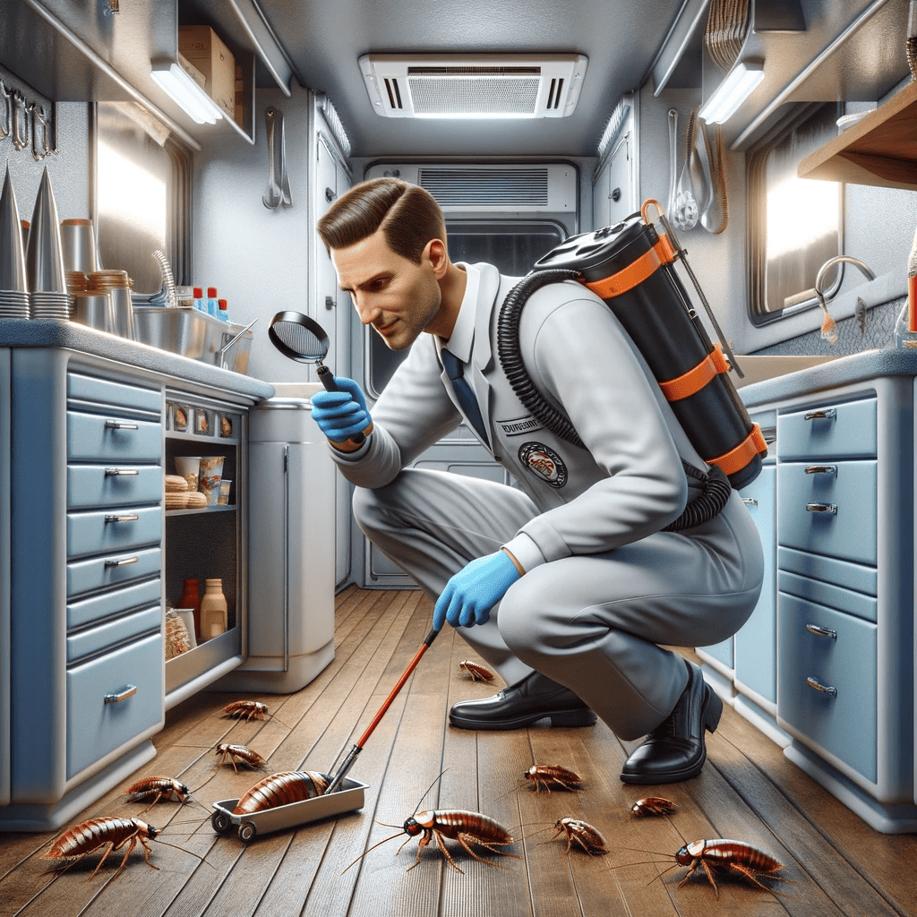 DALL·E 2023 12 08 13.40.45 Гиперреалистичное рекламное изображение, на котором инспектор по борьбе с вредителями обнаруживает крошечных немецких тараканов в безупречно чистом фургоне с едой. Инспектор дрес
