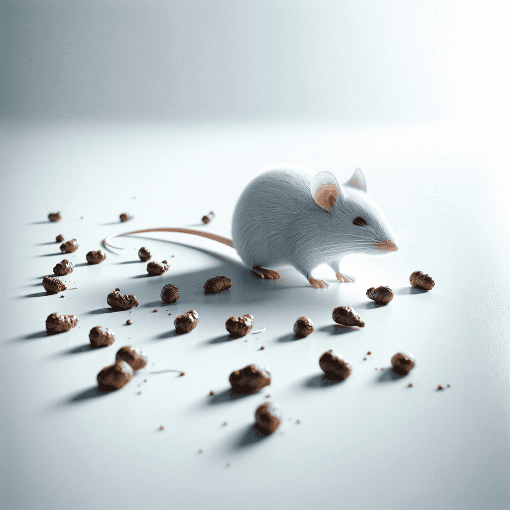 DALL·E 2023 12 26 18.01.17 صورة واقعية للغاية ومبهجة من الناحية الجمالية لإعلان مكافحة الآفات يعرض الحد الأدنى جدًا من فضلات الفئران على خلفية بيضاء نظيفة
