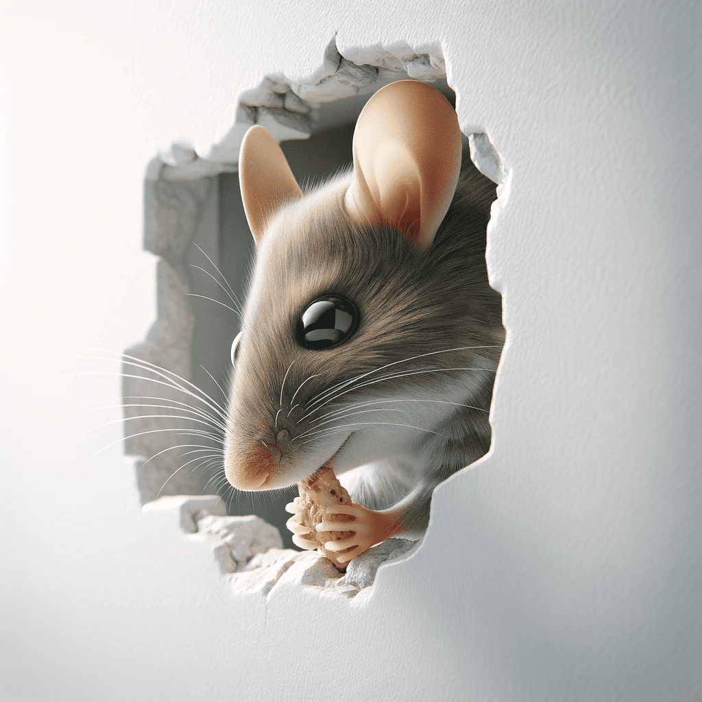 DALL·E 2023 12 26 18.03.07 Một hình ảnh siêu thực, hấp dẫn trực quan cho quảng cáo kiểm soát sinh vật gây hại cho thấy một con chuột đang kín đáo nhai bên trong các bức tường với màu trắng sạch sẽ