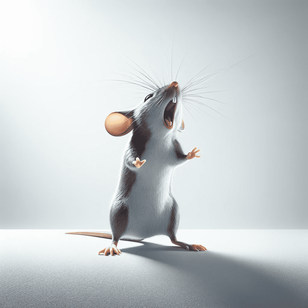 DALL·E 2023 12 26 18.08.44 Μια υπερρεαλιστική αισθητικά ευχάριστη εικόνα για μια διαφήμιση ελέγχου παρασίτων που απεικονίζει ένα ποντίκι που κάνει ενοχλητικούς θορύβους σε μια λευκή πλάτη