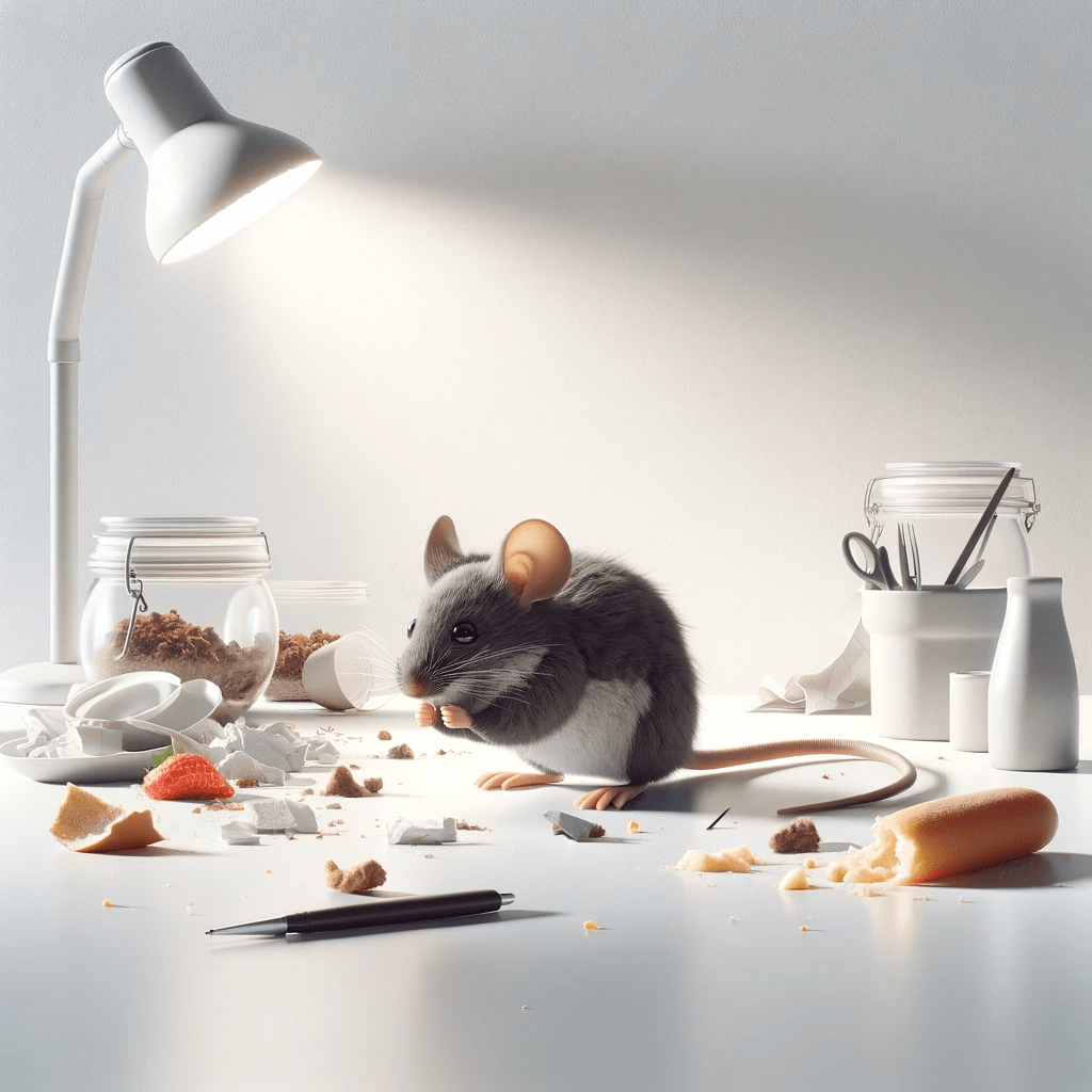 DALL·E 2023 12 26 18.17.24 A hyper realistic visually appealing image for an online pest control advertisement showing a mouse subtly destroying properties belongings and fo